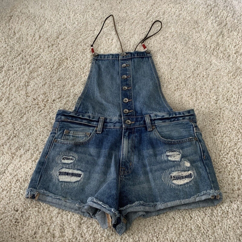 H&M Denim Womens Shortalls Size 27 Overalls Boho Distressed Jeans Leather Cords
